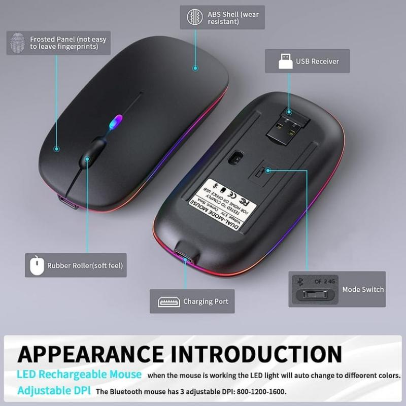 Premium Dual-Mode Rechargeable Wireless Mouse – Bluetooth & 2.4G with Dynamic LED